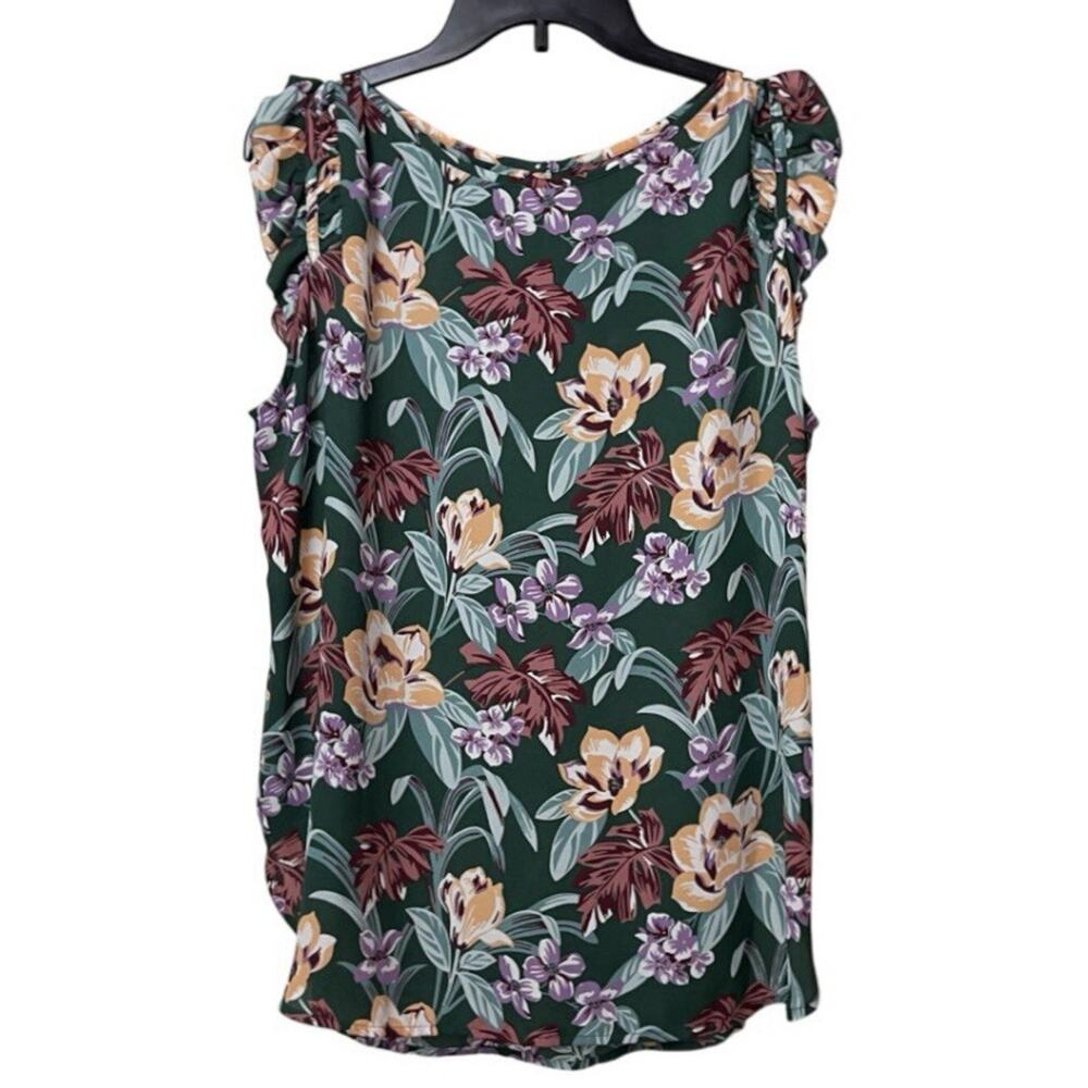 Loft Blouse Womens Large Tropical Floral Cap Flutter Sleeve Round Hem Keyhole